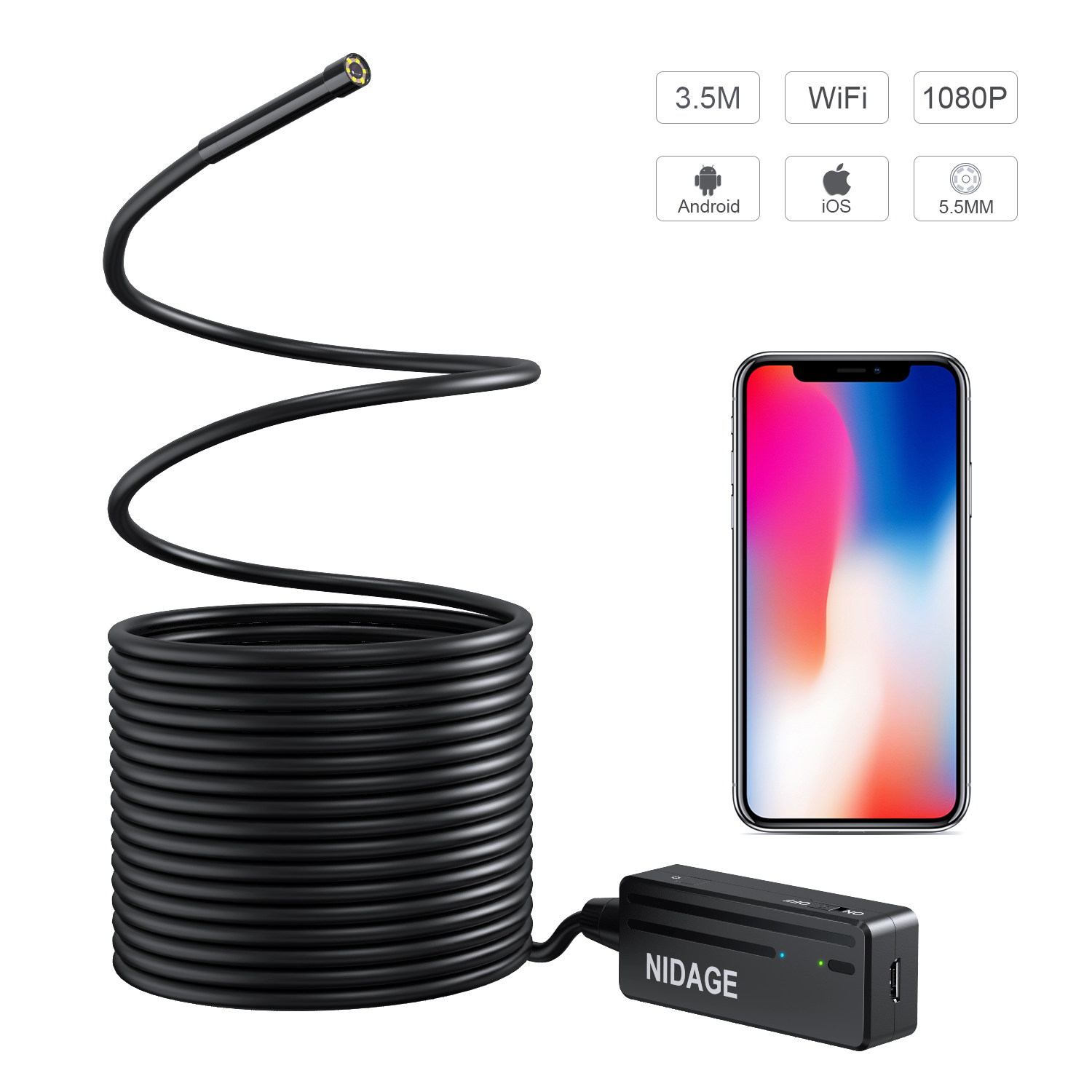 WiFi Borescope 1080P 5.5mm Inspection Camera, NIDAGE 11.5FT Semi Rigid WiFi Endoscope 2.0 MP HD Snake Camera for iPhone Android Smartphone, Tablet , iPad