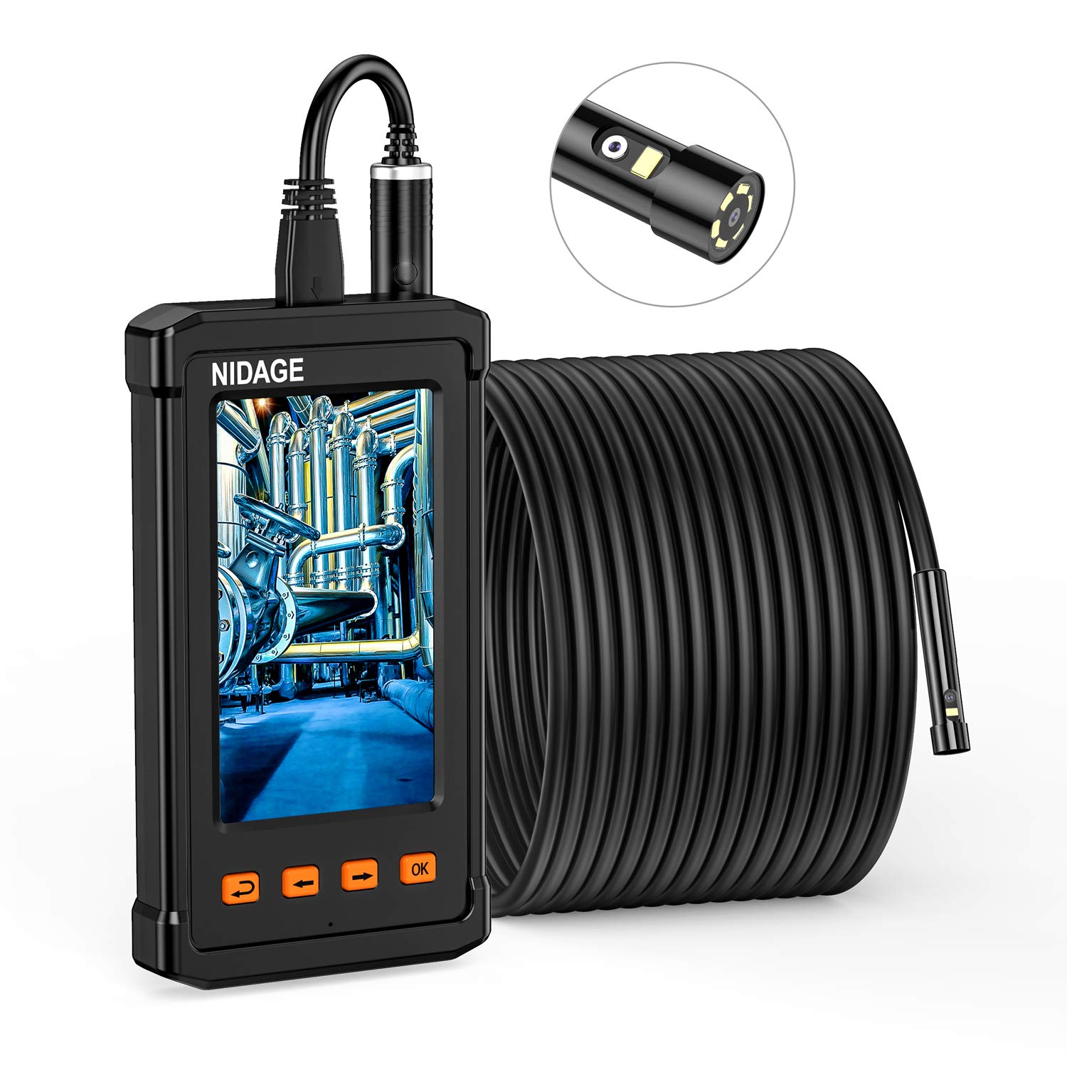 NIDAGE Dual Lens Endoscope, 33FT Industrial Borescope Camera 1080P HD Inspection Camera with 4.3inch IPS Screen, 32GB Card, 7 Led Lights, Waterproof Snake Camera with Semi-Rigid Cable